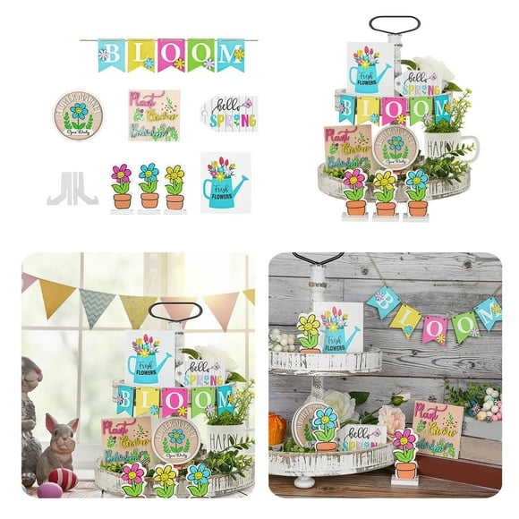 Easter Decorate The Tray - 12 Pieces Spring Tiered Tray Decor Flower Wooden Signs Floral Plants Table Centerpieces Spring Decorative Signs for Spring Home Table Shelf Decoration , Mother'S Day Gifts