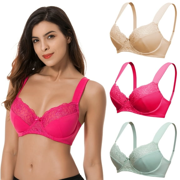 Curve Muse Womens Plus Size Minimizer Underwire Bra With Lace Embroidery-3 Pack-ROSE,SAGE,NUDE-34C