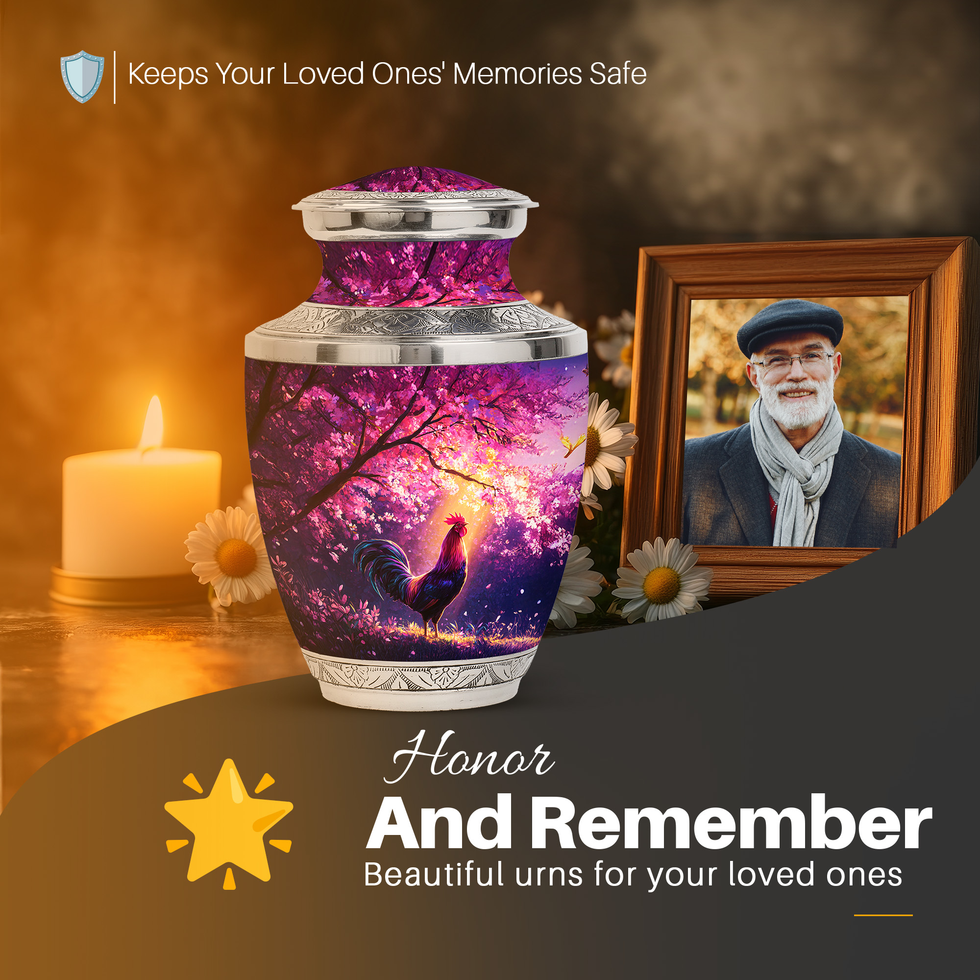 Yatskia Pink Blossoms Rooster Urns for Human Ashes Adult Female, Memorial Urn for Ashes Adult Male, Decorative Urns for Human Ash, (Tasty Large, 10 Inch)