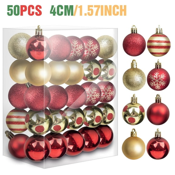 Phopollo 50PCS Christmas Tree Ball Ornaments,1.57-Inch Christmas Tree Ornaments Set for Xmas Tree Decorations.1.57Inch Hanging Balls, Red and Gold.
