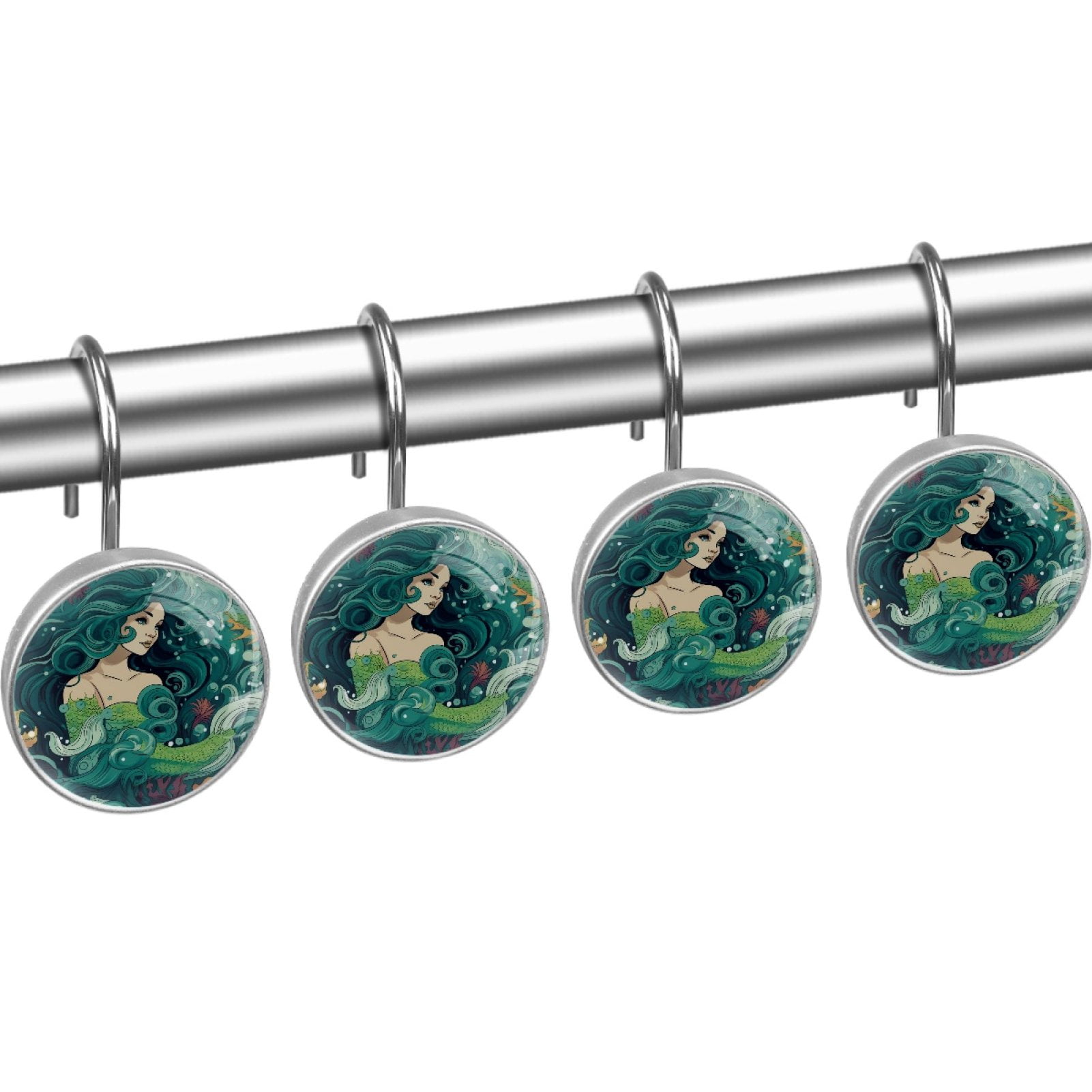 HemaKayy 12 Pcs Decorative Shower Curtain Hooks - Stainless Steel Rings for Bathroom Décor - Easy Glide & Secure Hold - Perfect Decoration for Bathroom Shower Rods - Ocean World Mermaid