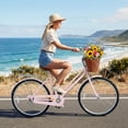 thumbnail image 2 of Costway 24-Inch Beach Cruiser Bike with Adjustable Seat, Woven Basket & Rear Rack for City Pink, 2 of 9