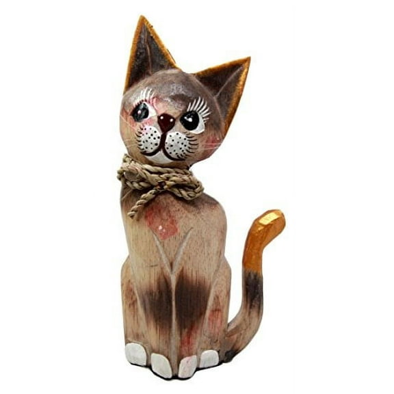Balikraft Hand Made Wood Artisans "Kucing Timah" Adorable Tan Feline Cat With Rope Ribbon Decorative Figurine 8.25"H