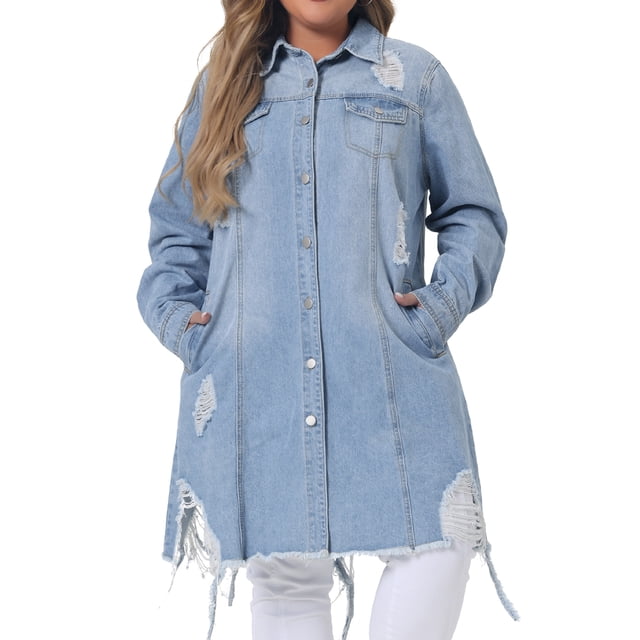 Chaqueta de mezclilla de mujer plus size GRACE & GRANDEUR, de manga larga, desgastada, estilo oversized, 2X, azul claro