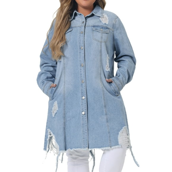 Chaqueta de mezclilla de mujer plus size GRACE & GRANDEUR, de manga larga, desgastada, estilo oversized, 2X, azul claro