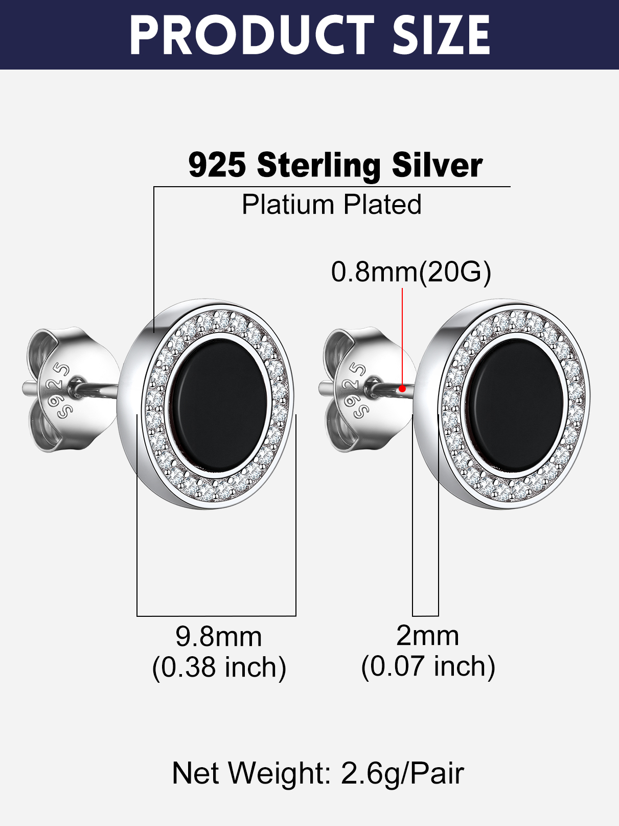 Bandmax 925 Sterling Silver Stud Earrings for Men Women Natural Black Onxy with CZ Ear Studs for Men Gift for Husband Boyfriend Son