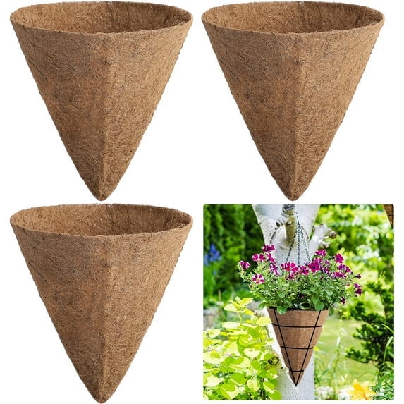 Mictong cone-shaped thickened flowerpot liner, coconut palm flowerpot gardening supplies, cone-shaped moss liner, coconut shell flowerpot basket liner, brown, 12 inches, 4 pieces