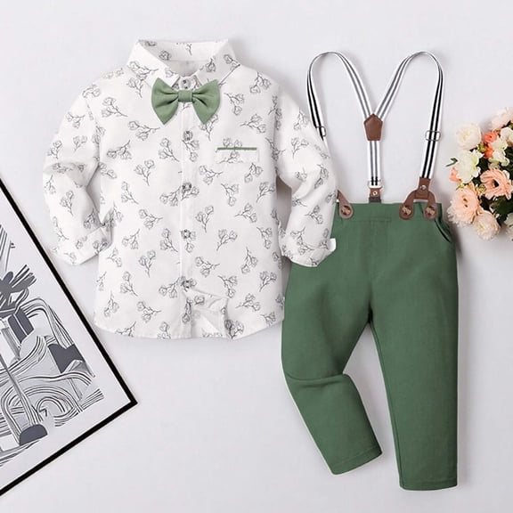 RTKFRFLM Boys Formal Dress Shirt & Suspenders Pants Set Elegant Wedding Party Celebration Outfit 2-6Y
