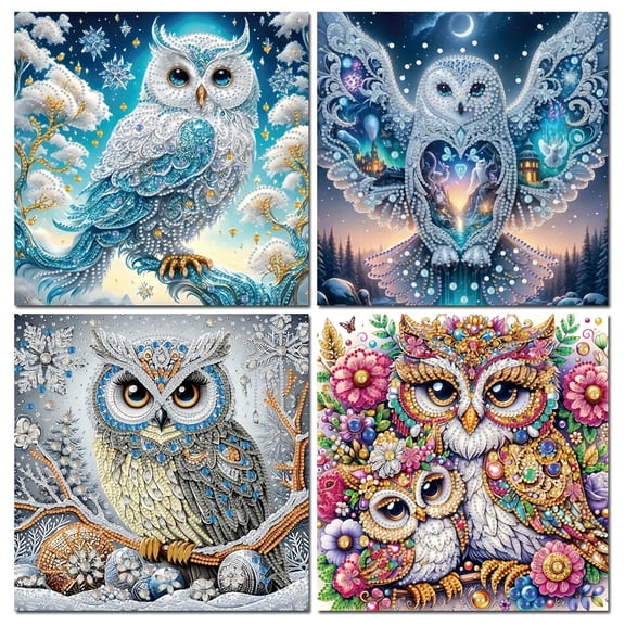 4pack Diy 5D Diamond Painting Kits for Adults,Owl Diamond Art Kits for Beginners, Special Shaped Gem art, Partial Sparkling Diamond Mosiac Art,Diamond Dots,Home Decor,11.81X11.81 inchs