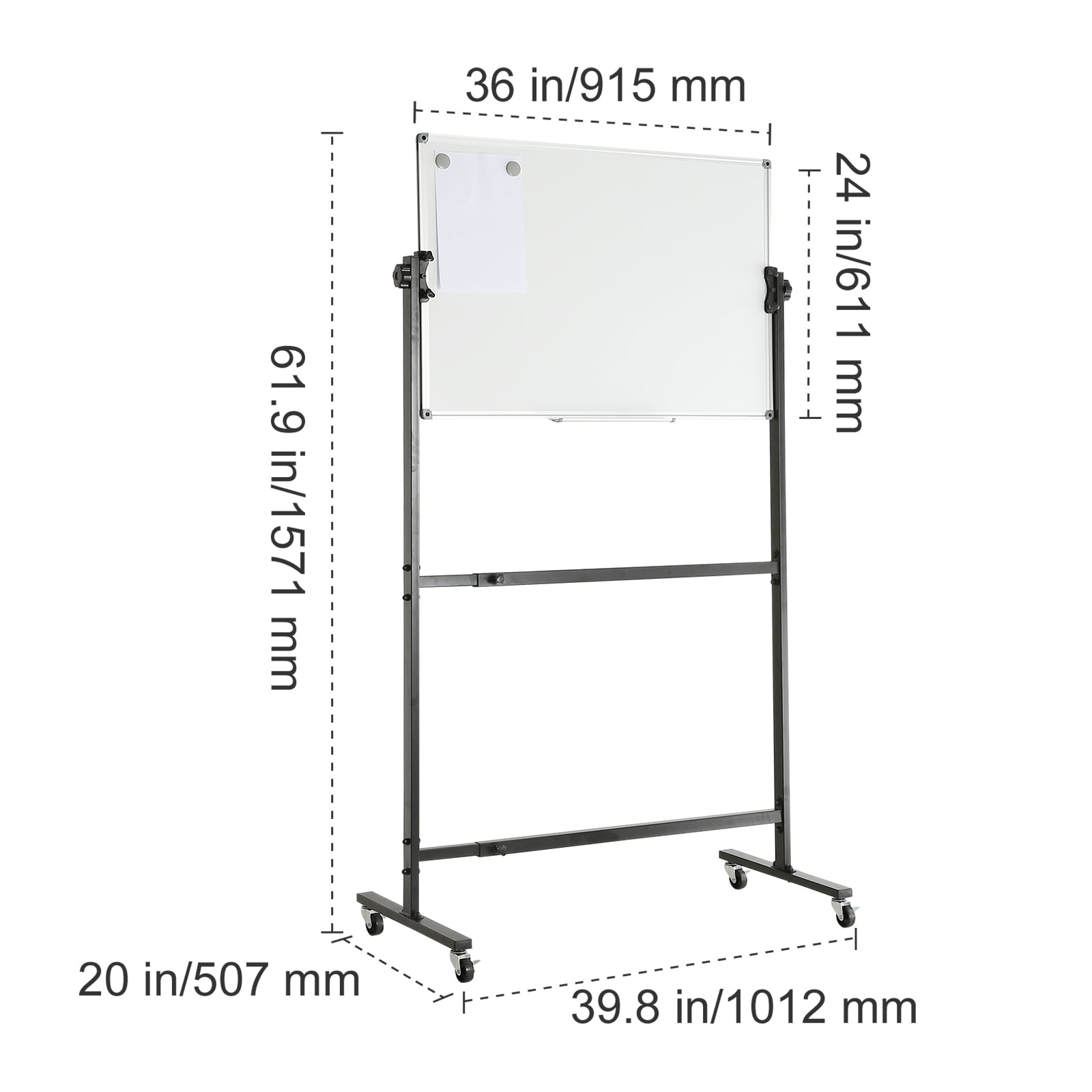 KFFKFF Movable Magnetic Whiteboard, Dual-faced Mobile Dry Erase Board 36x24 Inches, Height Modifiable with Rollers, Includes 1 Magnetic Eraser & 3 Dry Erase Markers & Portable Tray for Office, School