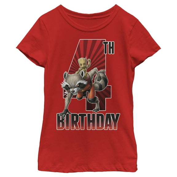 Girl's Marvel Rocket and Baby Groot 4th Birthday Graphic Tee Red X Large