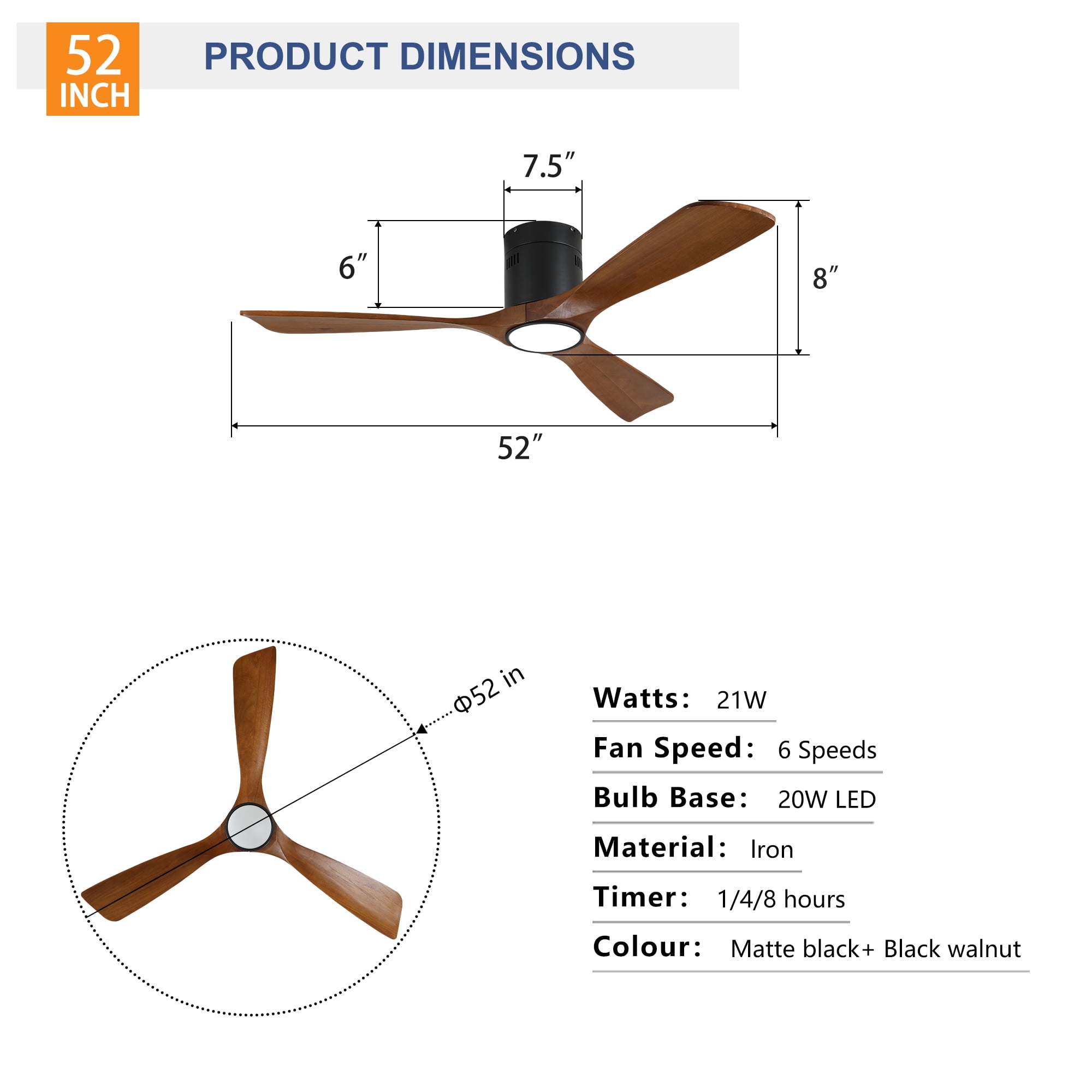 Ceiling Fan with Light, 52 Inch Solid Wood Blade Remote Fan for Home Living Indoor Area, Matte Black Wood