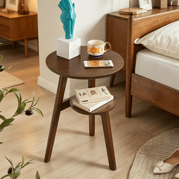 HAOMINS 2-Tier Side Table, Solid Wood Round End Table with Storage Shelf, Small Mid-Century Bedside Accent Table for Small Spaces, Living Room, Bedroom