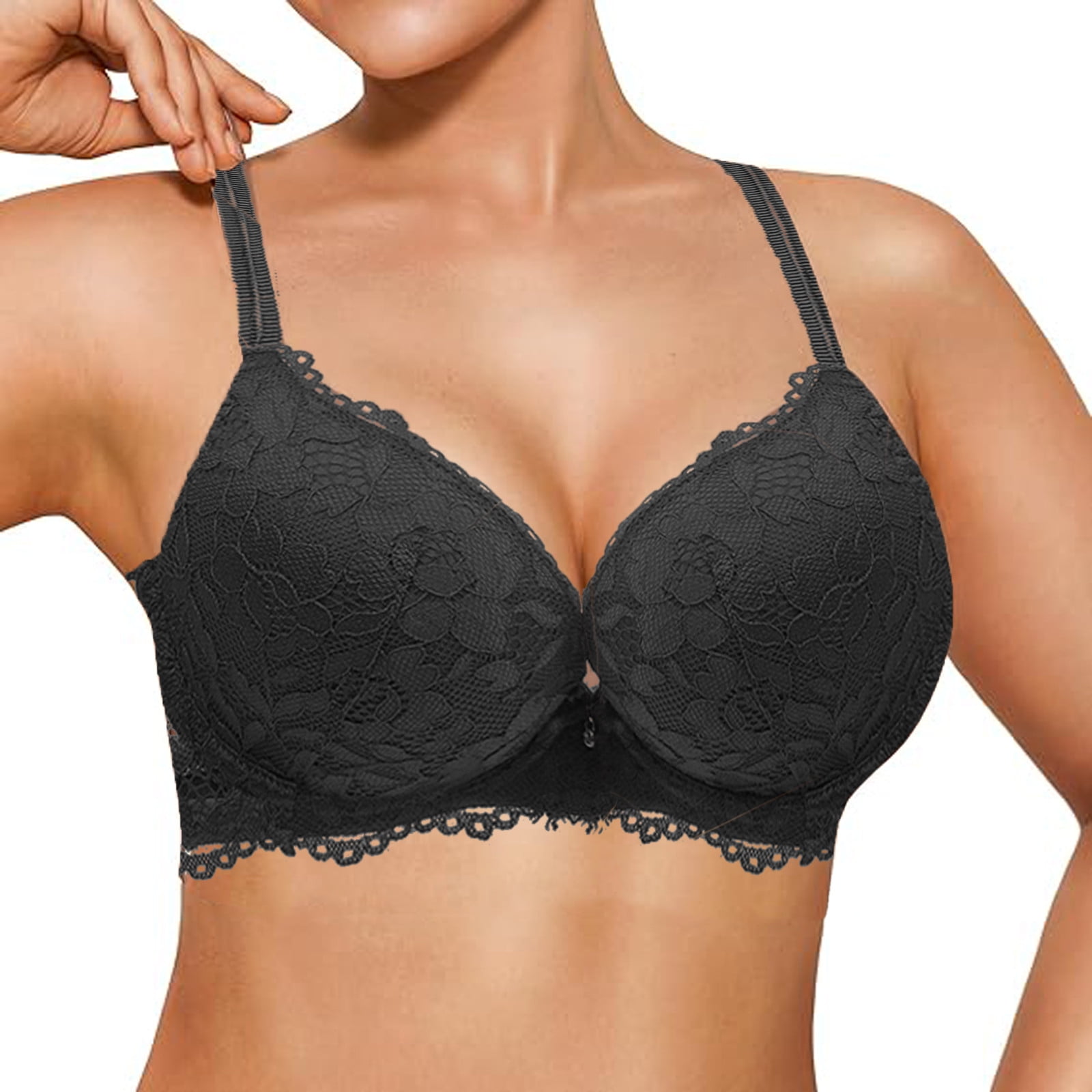 khonts,Women's Lace Push up Bras Sexy Underwire Large Bust Deep V Neck Bra High Support Lined Comfort Breathable Bralettes Black 70B/32B