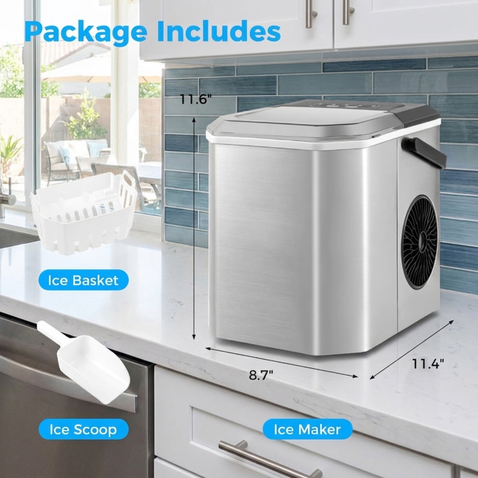RUIE Countertop Ice Maker,Portable Ice Machine with 26.5 Lbs/Day Production and Self-Cleaning,2 Ice Sizes,One-Button Start,Bullet Ice Maker for Home Kitchen Office Party