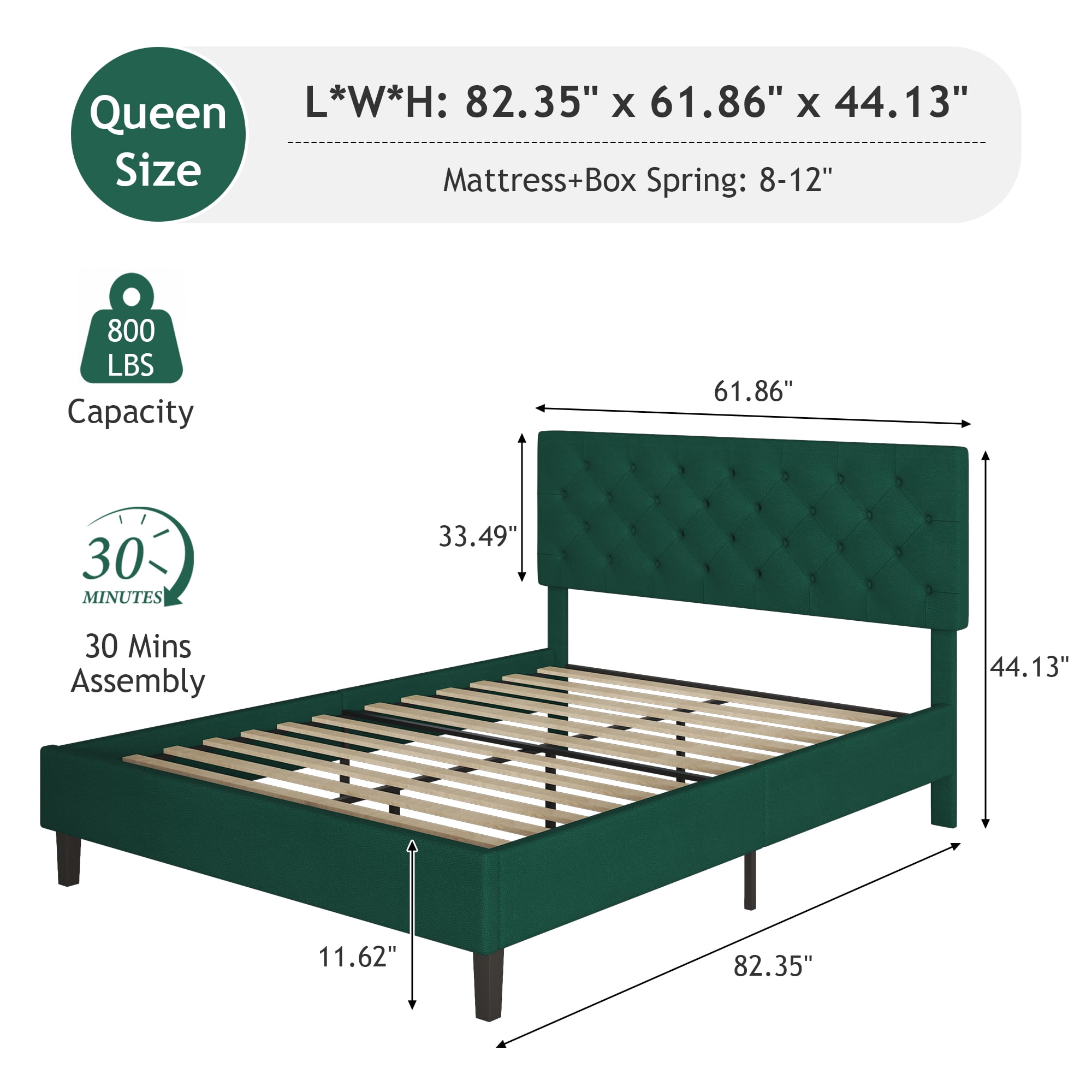 4 EVER WINNER Queen Bed Frame, Queen Upholstered Platform Bed with Button Tufted Headboard, Green