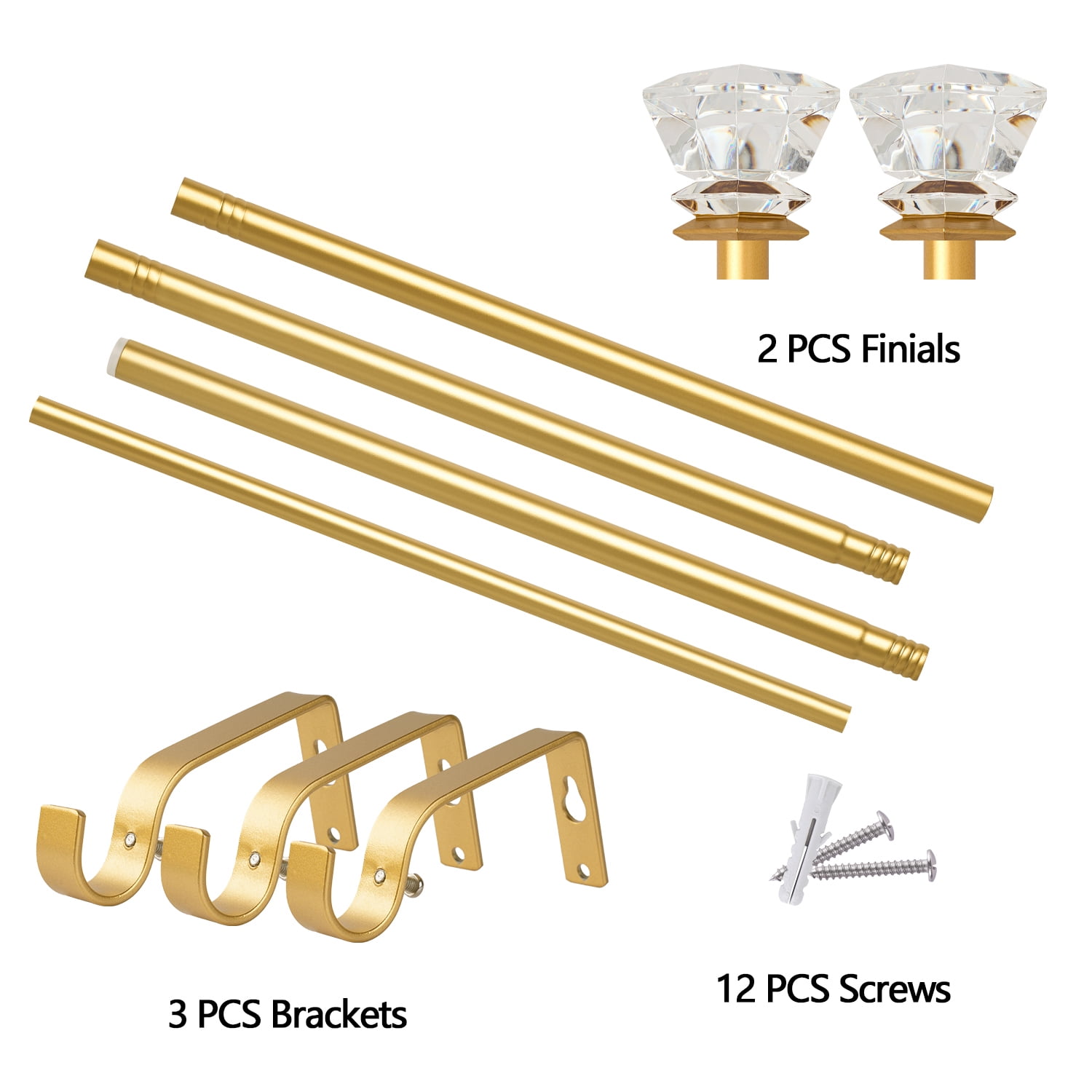 Curtain Rods 30-55" Gold Adjustable drapery rod with 60mm clear square finials and 3 piece wall brackets. 2PACKS