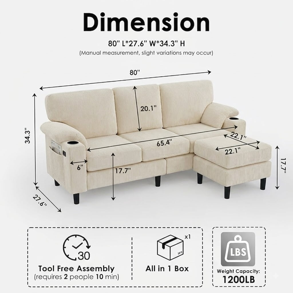 Howcool 80" Convertible Sectional Sofa Couch, L-Shaped Loveseat with Storage Ottoman, USB Ports, Cup Holders & Deep Seats, Modern Corduroy Fabric Couch for Apartment Living Room, Beige