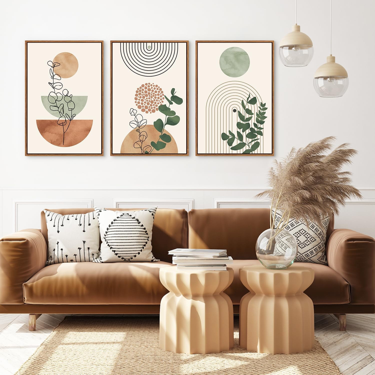 Boho Terracotta Green Framed Canvas Wall Art Set, Abstract Bohemian Wall Decor, Mid Century Modern Geometric Wall Painting, Neutral Botanical Art Print Living Room, Bedroom, Office 16"x24"x3