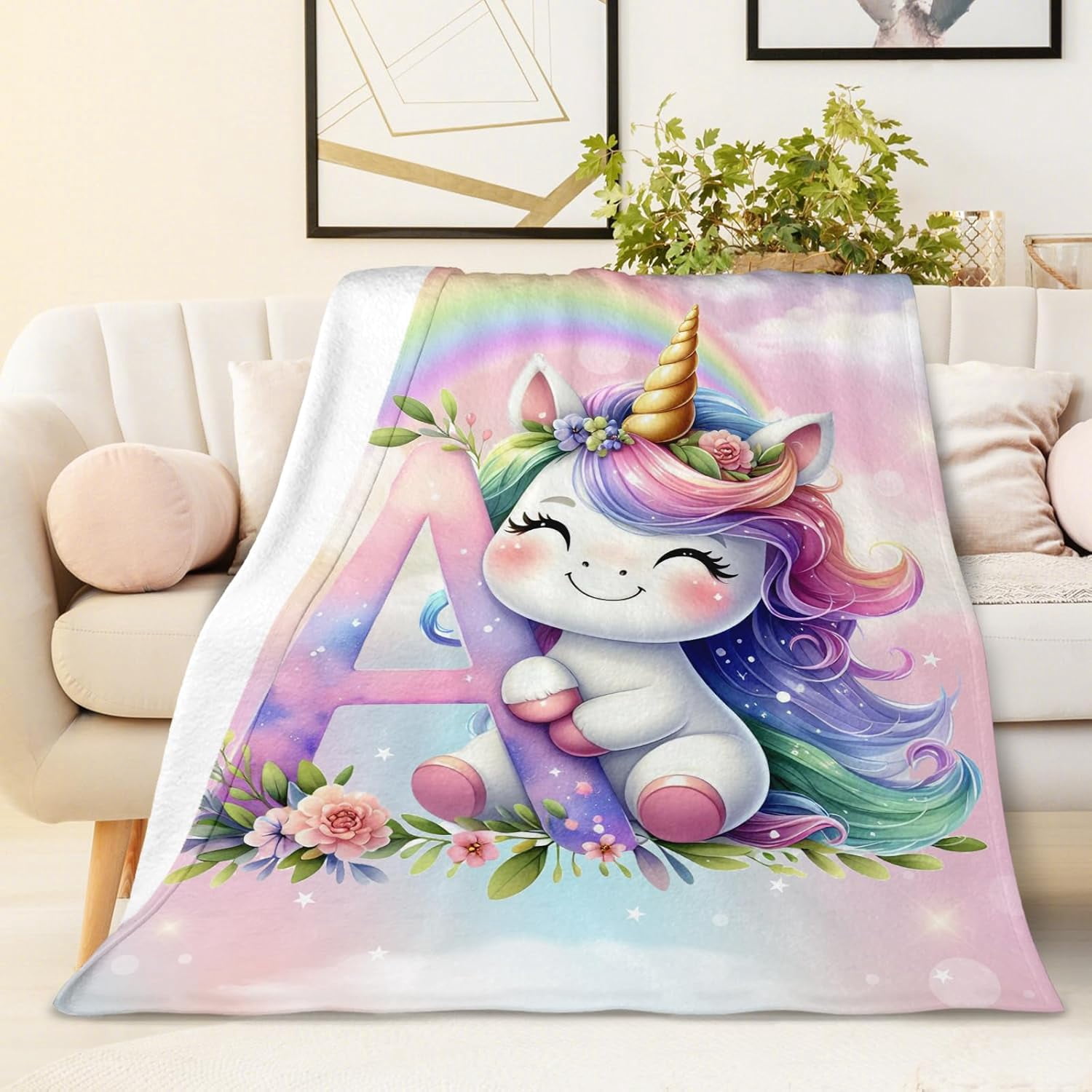 Unicorn Blanket for Girls, Custom Initial Blanket, 50 x 40 Inches Warm Lightweight Blanket for Unicorn Lovers, Cozy Pink Warm Flannel Throw Blanket Bed Sofa Room Decor, Camping, Travel