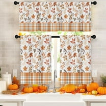 Mloabuc Fall Buffalo Plaid Kitchen Window Curtains and Valances Set 36 Inch, Maple Leaves Vintage Orange Short Tier Curtain for Cafe Living Room Bathroom, Autumn 3 Pieces Set Kitchen Decor