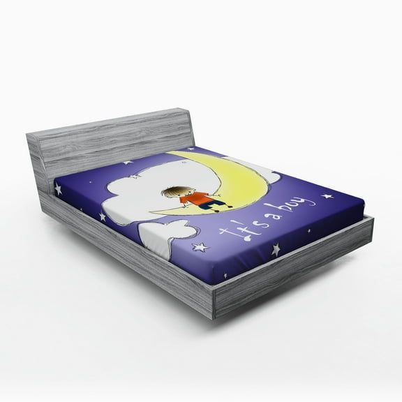Ambesonne Moon Fitted Sheet, Boy Sky Greeting, Queen Size, Indigo Yellow White