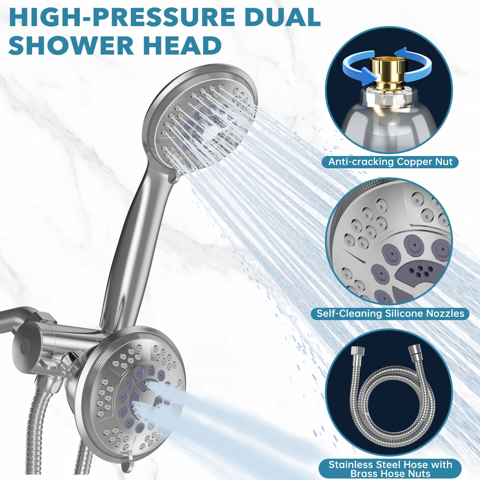 Cshidworld Premium High Pressure Dual Shower Head, 3-Way Rainfall Combo, 5 Spray Handheld Shower Head and 5 Spray Rain Showerhead with 60” Stainless Steel Hose Separately or Together, Chrome