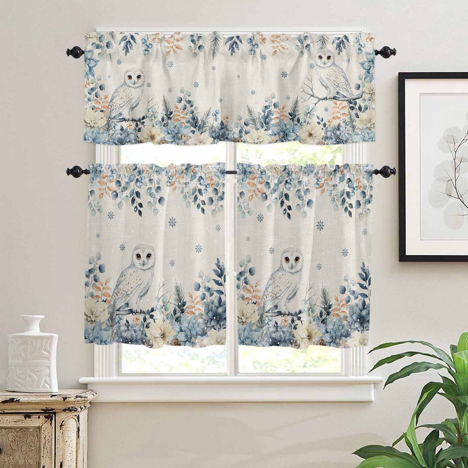 Christmas Owl Kitchen Curtains and Valances Set, Blue Eucalyptus Leaves Floral Winter Linen Rod Pocket Window Valance Window Curtain Panels for Living Room Bedroom Laundry, 27.5x36in, 3 Pieces