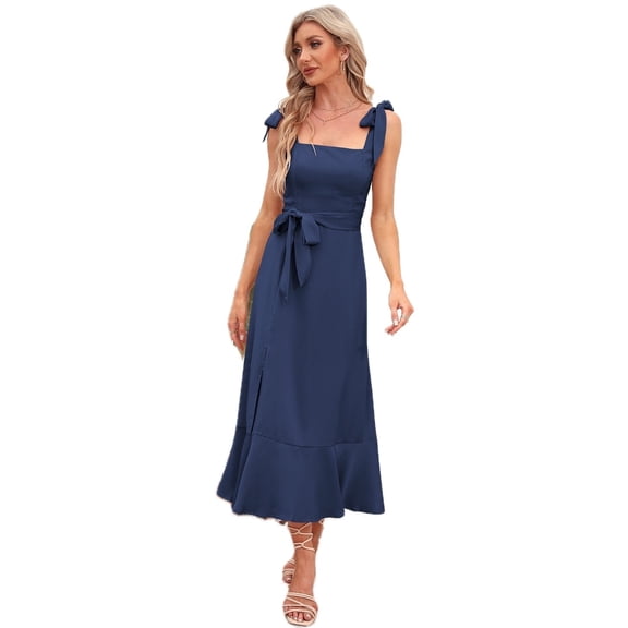 Women's Square Neck Tie Strap Midi Dress in Solid Urban Style with Peplum and Slit Sleeveless Flounce Hem 100% Polyester