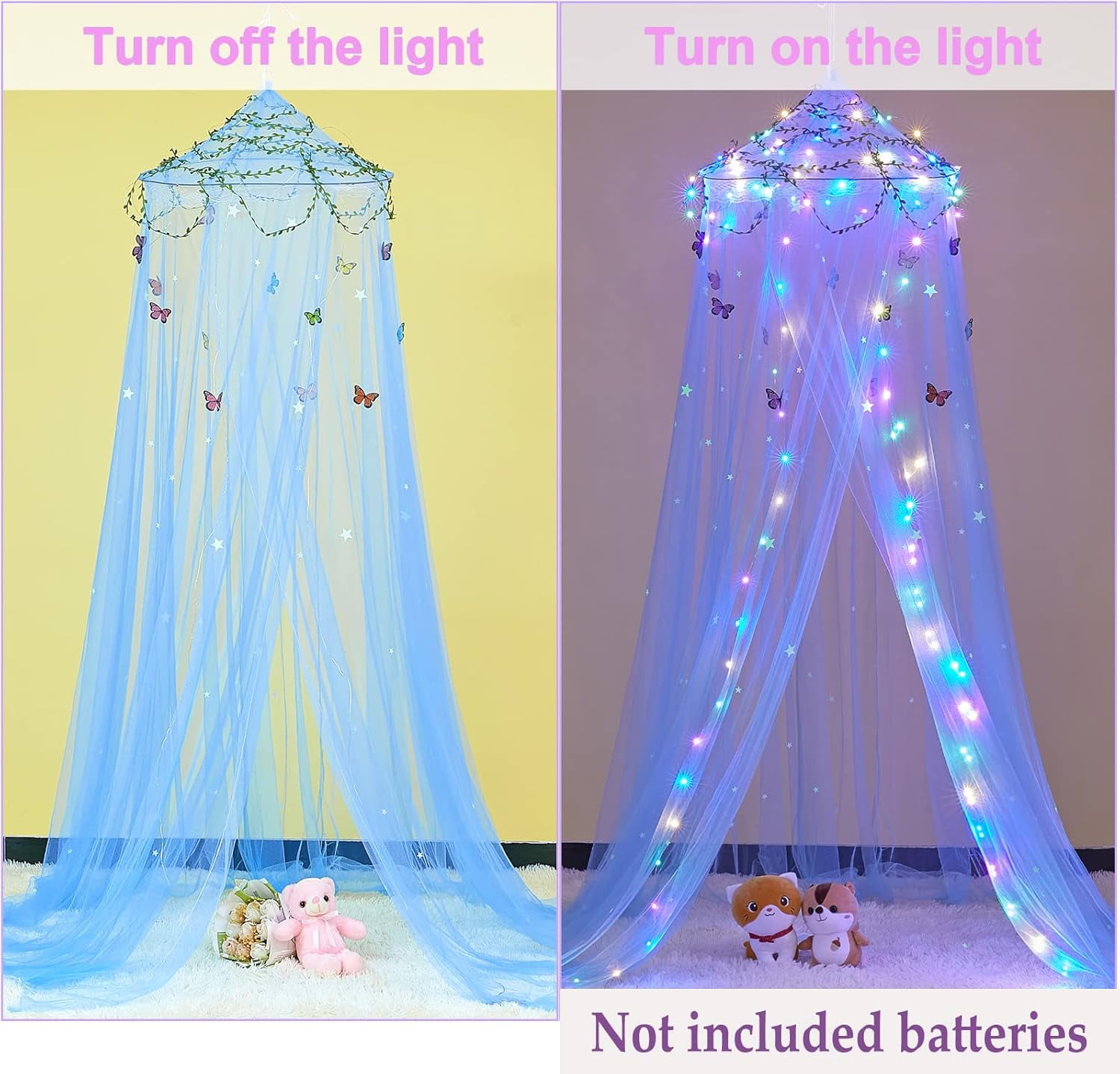 CAILDANL Bed Canopy for Girls Room Bed Canopy Curtains with Led Lights Mosquito Net DIY Princess Room Décor with Stars Butterflies for Kids Bedroom, Hot Pink
