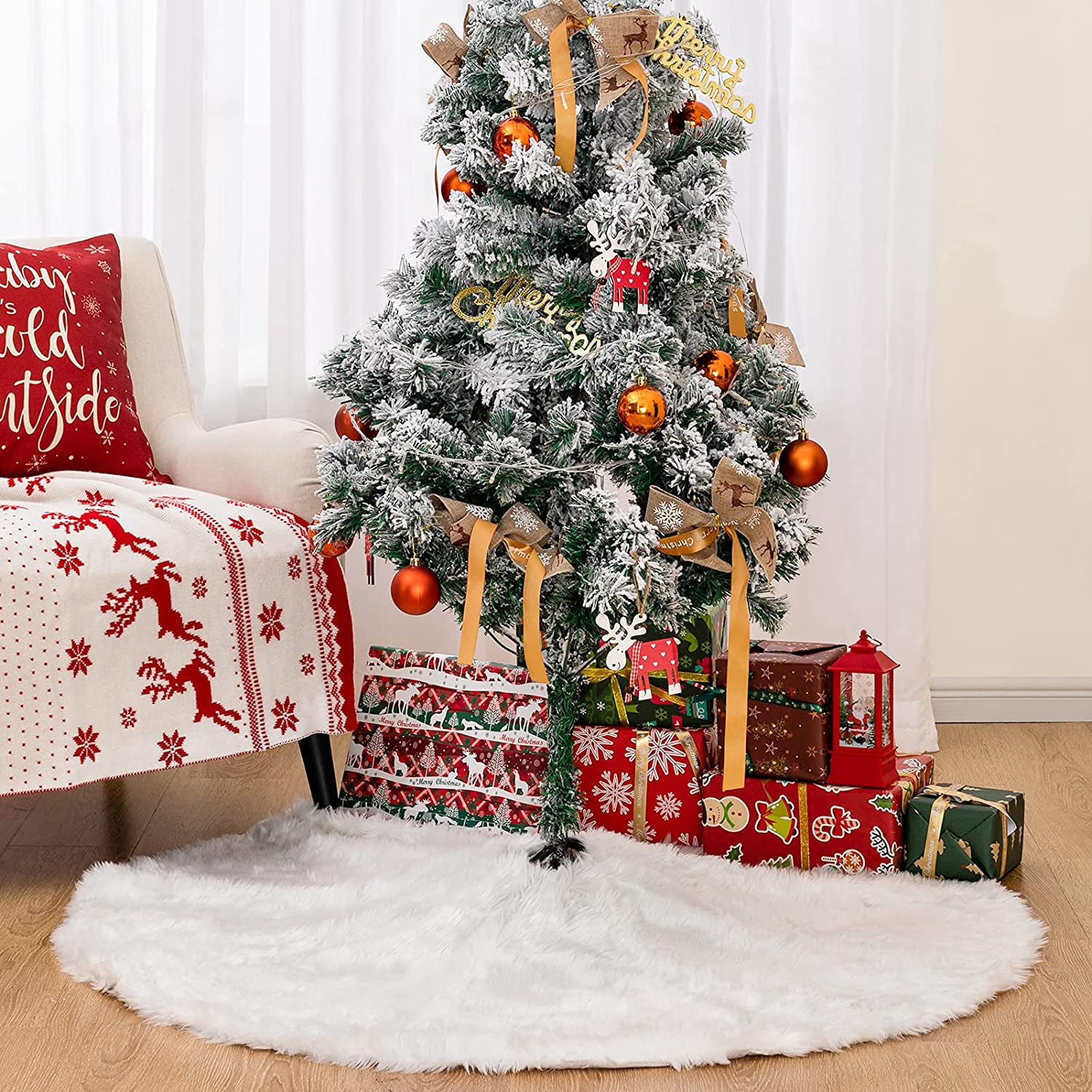 36" Christmas Tree Plush Skirt Holiday Tree Ornaments Round Snow White Xmas Tree Skirt Mat Base Cover for Merry Christmas Decor & New Year Party Holiday Home Decorations