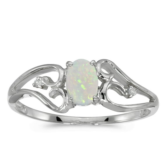 10k White Gold Oval Opal And Diamond Ring