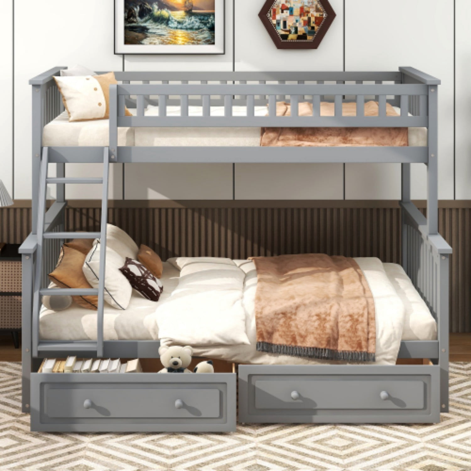 Twin Over Full Bunk Bed with Storage Drawers, Convertible Wood Bunk Bed Frame with Safety Guardrails, Solid Pine Wood Kids Bed for Bedroom, Gray