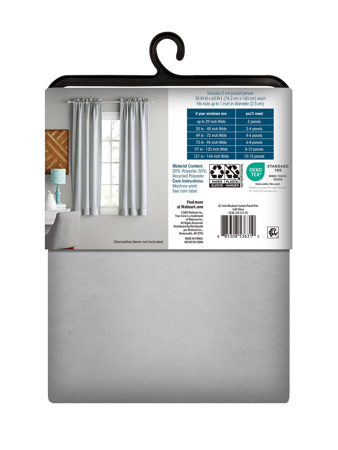(2 pack) Your Zone Solid Blackout Rod Pocket Curtain Panel Pair, Set of 2, Silver, 30" W x 63" L