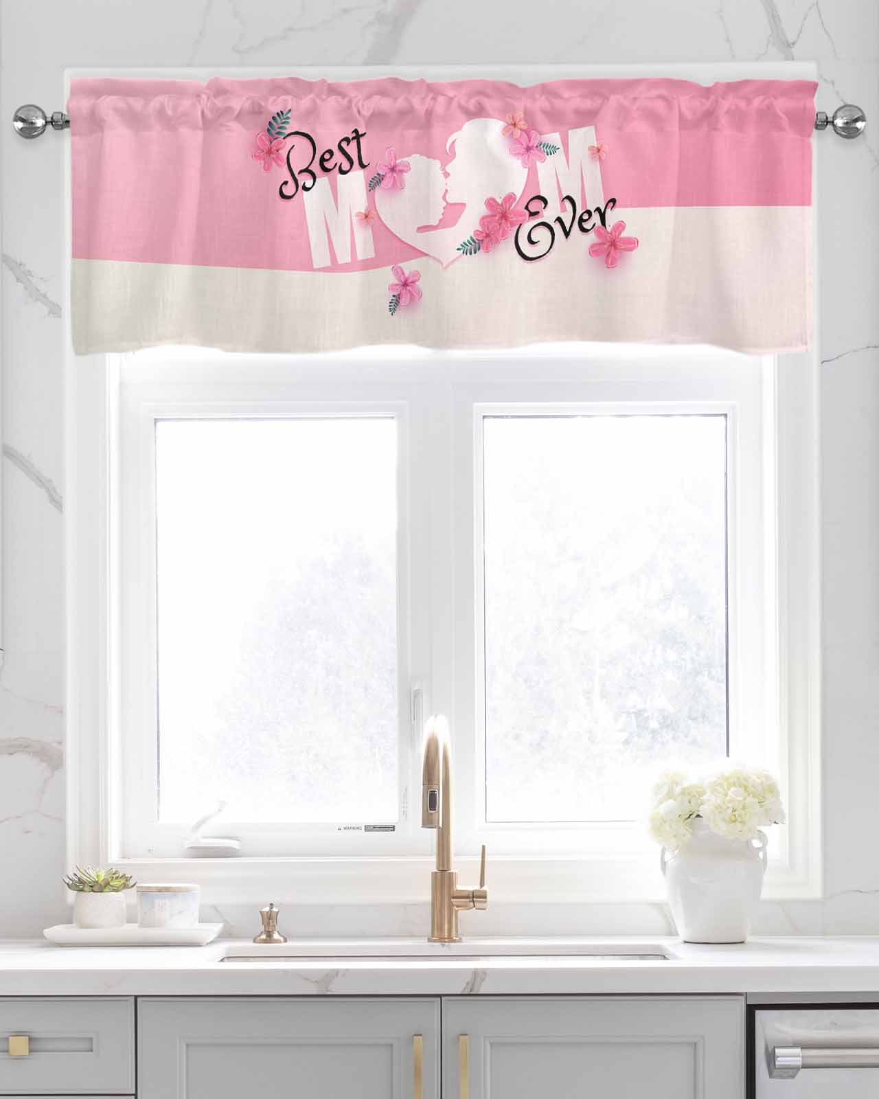 Mothers Day Linen Curtain Valance for Bedroom/Bathroom/Kitchen/Office/Living/Dining Room Windows,Best Mother Mom Pink Flowers Rod Pocket Topper Drapes Decorative Cafe Drapery Panel 60x18