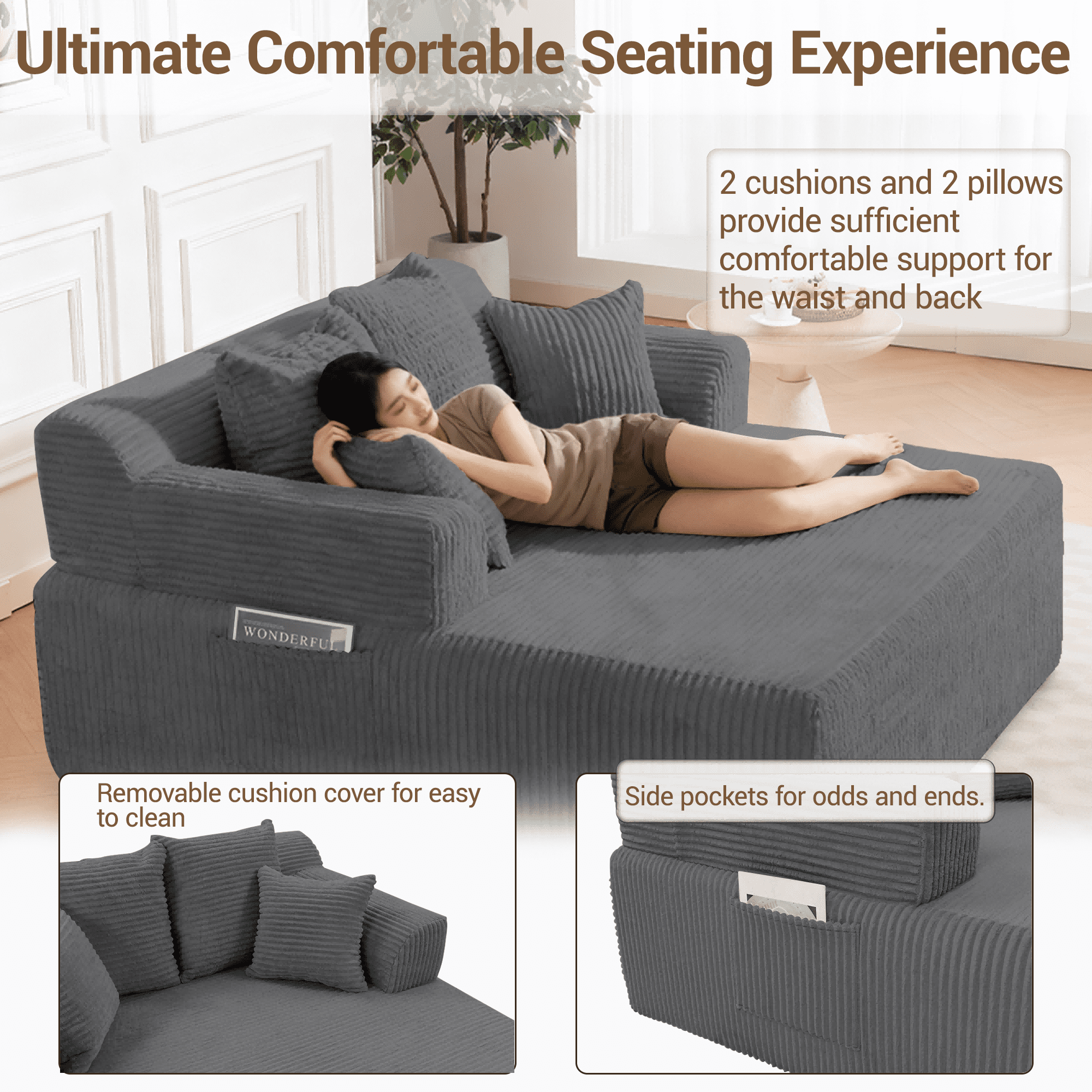 WENTUM 58" Chaise Lounge Chair Indoor, Oversized Corduroy Boneless Sleeper Sofa Bed with Armrests & 4 Pillows No Assembly for Living Room Gray