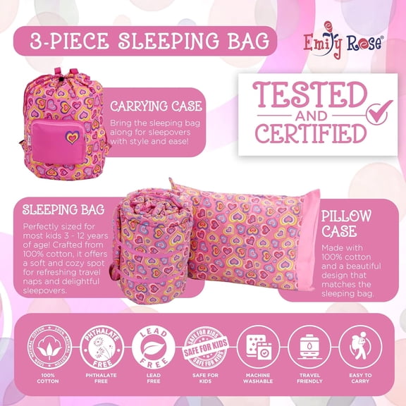 Kids Sleeping Bag Set with Pillow Case and Backpack - Pink Hearts Cotton Slumber Sack for Girls Ages 3-12 Travel Nap Mat