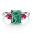 thumbnail image 2 of Gem Stone King 10K White Gold Green Malachite and Red Created Ruby 3 Stone Engagement Ring for Women (4.04 Cttw, Emerald Cut 9X7MM, Gemstone Birthstone, Size 9), 2 of 4