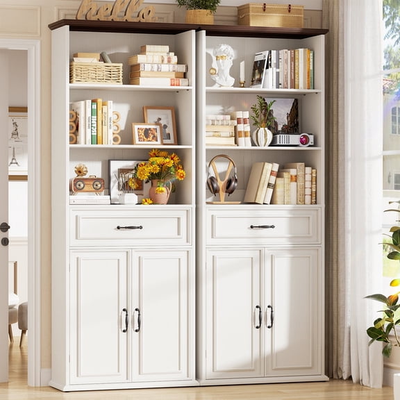 Homieasy 80'' Tall Bookcase 2-Piece Set, Floor Stand Bookcase with Drawer and Cabinet, Storage Cabinet with 3-Tier Shelves for Living Room, Home, Office, White & Walnut