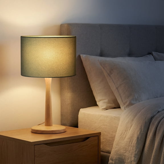 Natural Wood Tapered Base Table Lamp with Green Linen Shade and Dimmer Switch