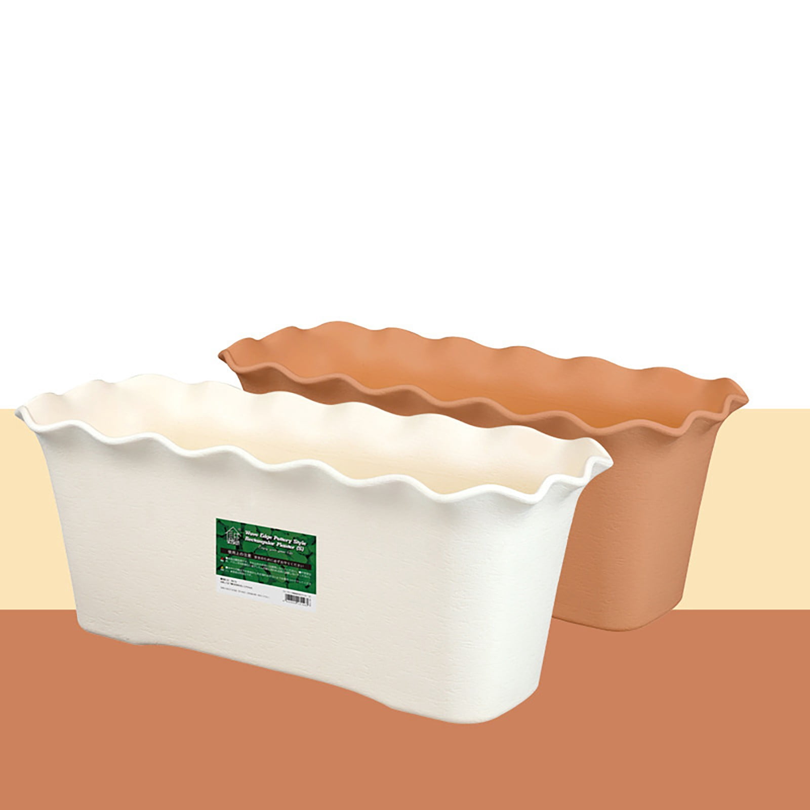 Rectangular Planter Pot With Wavy Rim – 6.7L Large Capacity For Indoor & Outdoor Gardening(White-16X6.3In)