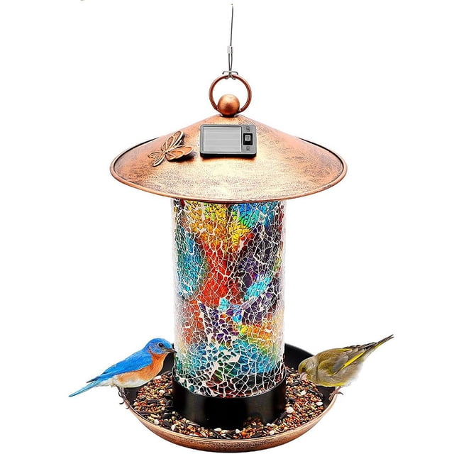 Yuarrent Mosaico de luz de cristal, mosaico Solar, patrón colorido, comedero para pájaros, lámpara colgante para comedero de pájaros con luz blanca Iluminación y accesorios Yuarrent HA018877-00