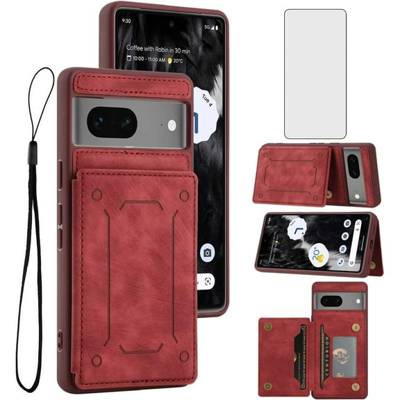 Phone Case for Google Pixel 7 5G Wallet Cover with Tempered Glass Screen Protector and Slim Credit Card Holder Stand Magnetic PU Leather Cell Accessories Pixel7 Pixle Seven 6.3 Women Men Red
