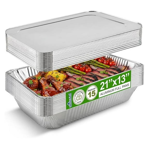 Large Aluminum Pans With Lids Disposable Full Heavy Duty Roasting, Broiling, Baking, Catering Pans 21x13x3 (15, Full-Size w/Lids)
