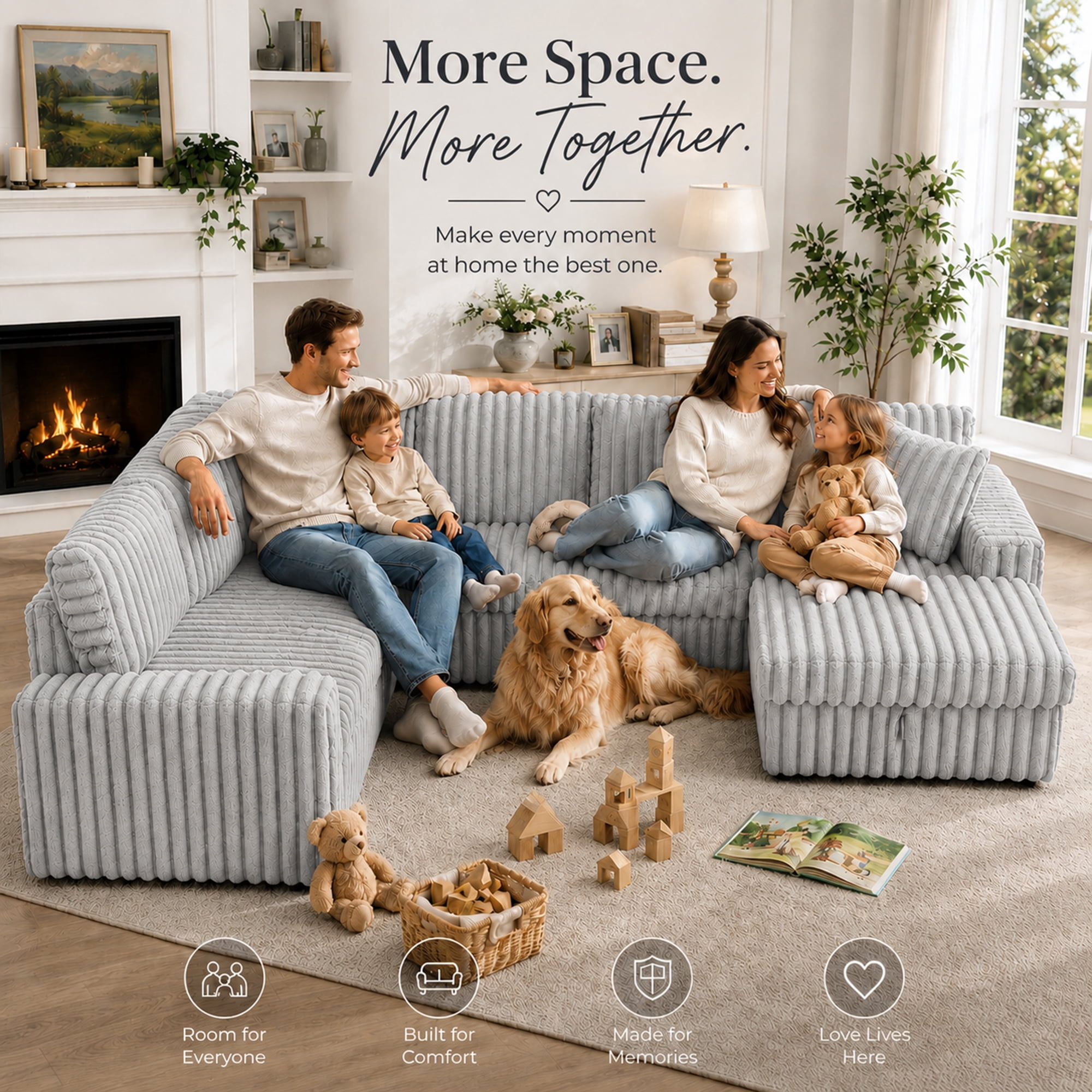 Oversized 122" U-Shaped Sectional Sleeper Sofa Bed with Pull-Out Bed,Storage Chaise,Type-C USB,Fuzzy Plush,7-Seat,Gray