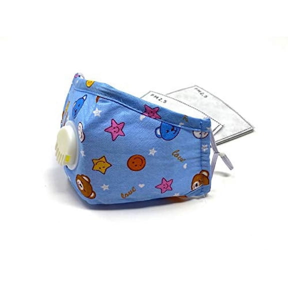 BengC Reusable Kid Face Mask (Blue Stars Smiley Bear) with Breathing Valve   Filter Pocket   2 Filters