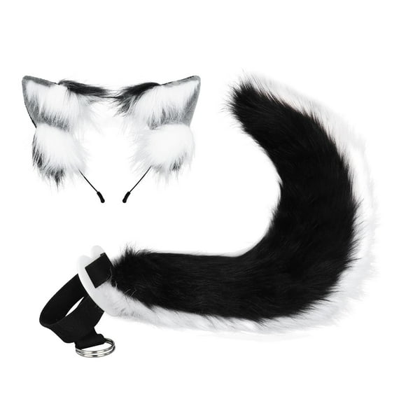 Ears and Long Tail Set Gifts Cat Ear Headband Headwear Headdress Kids Lolita Black White