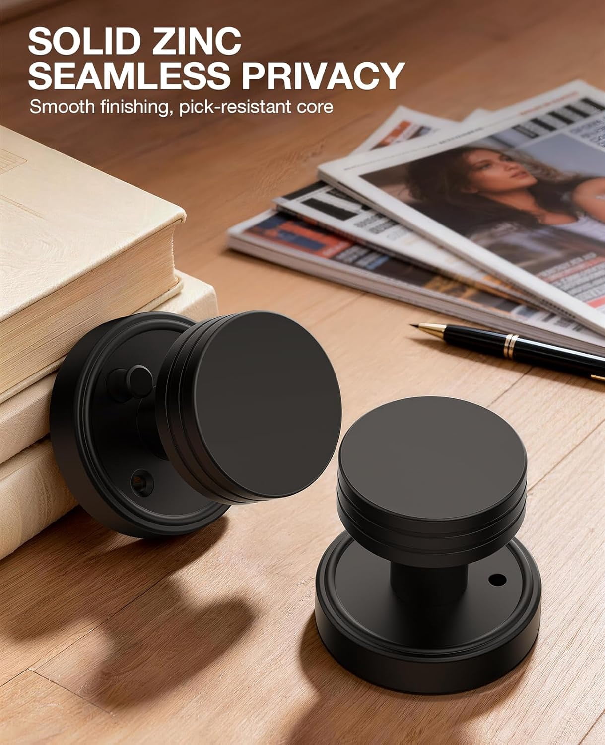 Klamerit Privacy Matte Black Door Knobs Heavy Duty Zinc Alloy Round Interior Door Knobs with Lock,for Bathroom & Bedroom