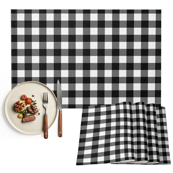 Black White Plaid Placemats Set of 4, Modern Simple Buffalo Check Gingham Washable Wipeable Table Mats for Dining Tables, Indoor Outdoor Kitchen Place Mats for Holiday Party Table Decor