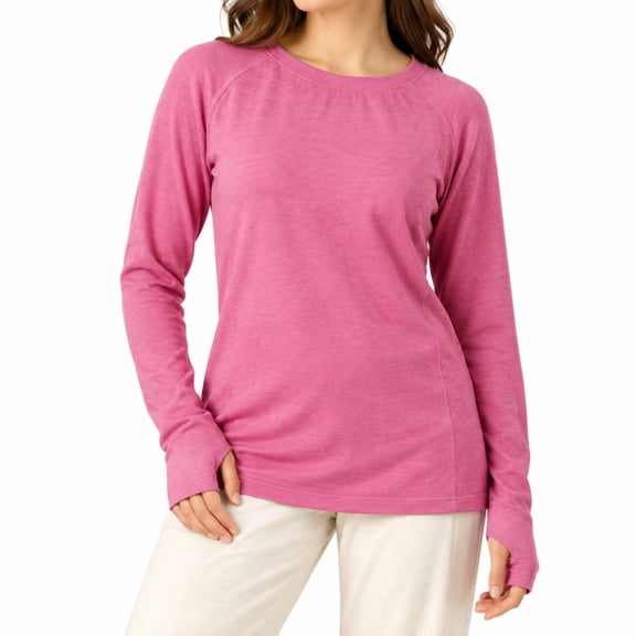 Womens Seamless Long Sleeve Shirts, Crew Neck Thermal Underwear Tops with Thumb Holes for Fall Winter Base Layering, Fuchsia, Size L
